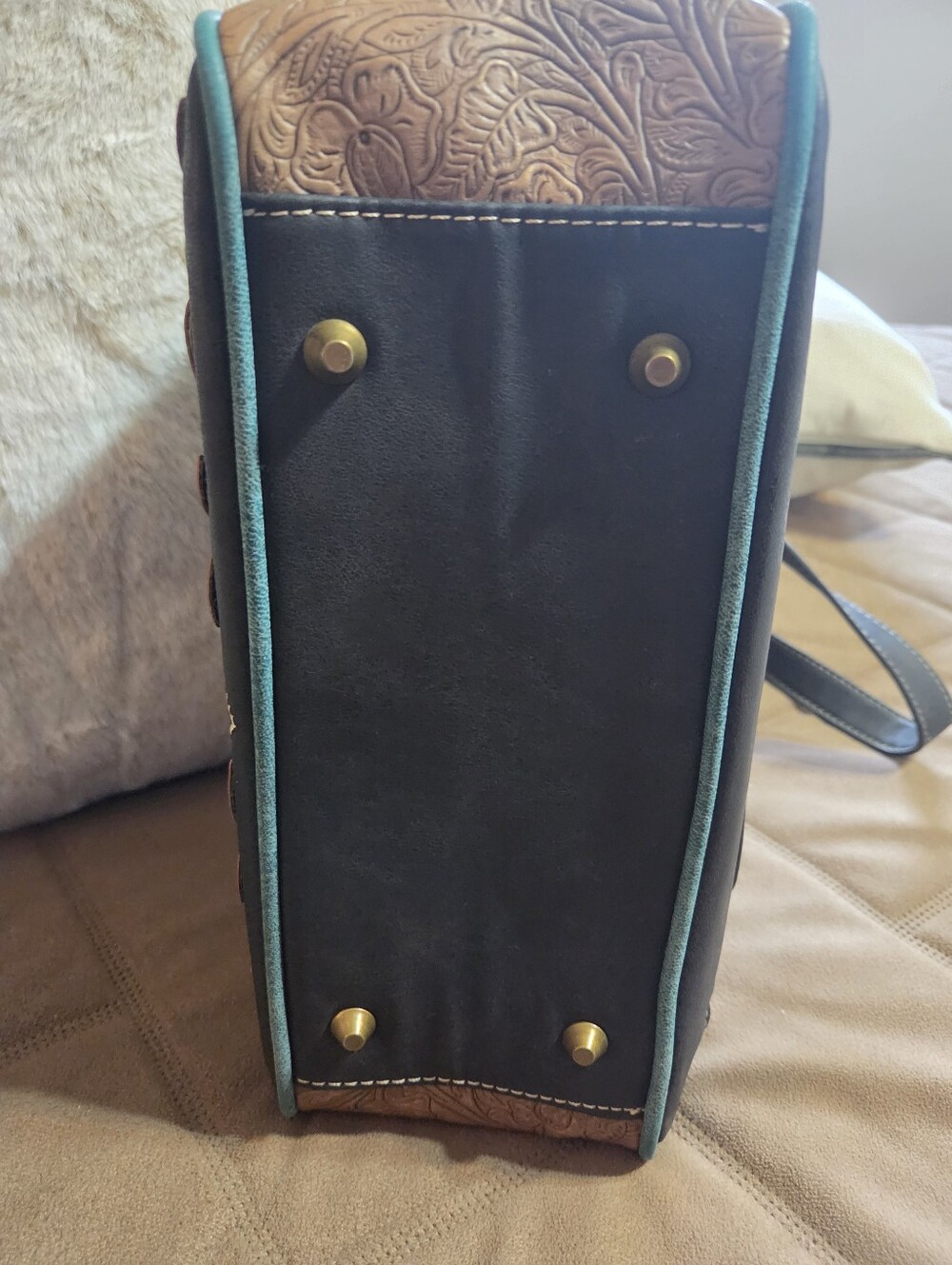 Montana West Conceal Carry Teal Tooled Floral Tote Bag with Buckle Strap - Picture 13 of 15